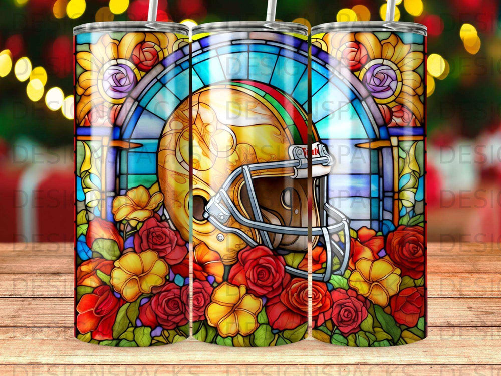 Stained glass art featuring a football helmet surrounded by roses.