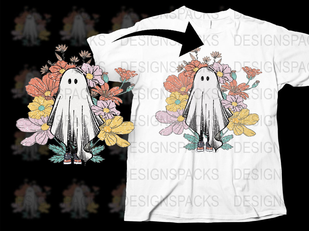Whimsical Ghost Floral Print T-Shirt, Cute Spooky Character Design, Unisex Soft Cotton Tee, Unique Halloween Apparel for All Ages