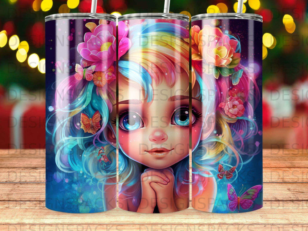 Illustration of a young girl with colorful hair and flowers, holding her hands together.