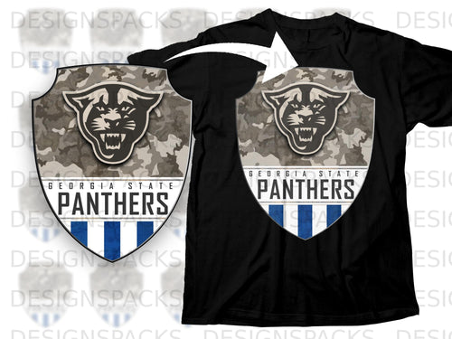 Black t-shirt featuring a Georgia State Panthers shield with camouflage and blue stripes.