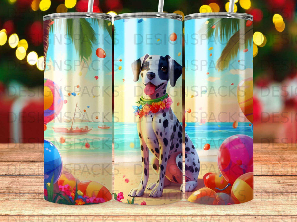 Dalmatian dog wearing a lei with colorful balloons and beach balls.