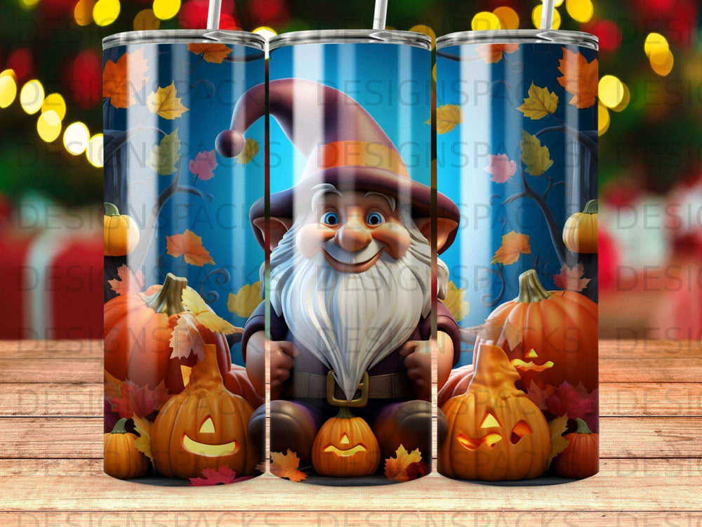 Gnome with pumpkins and autumn leaves on a tumbler.
