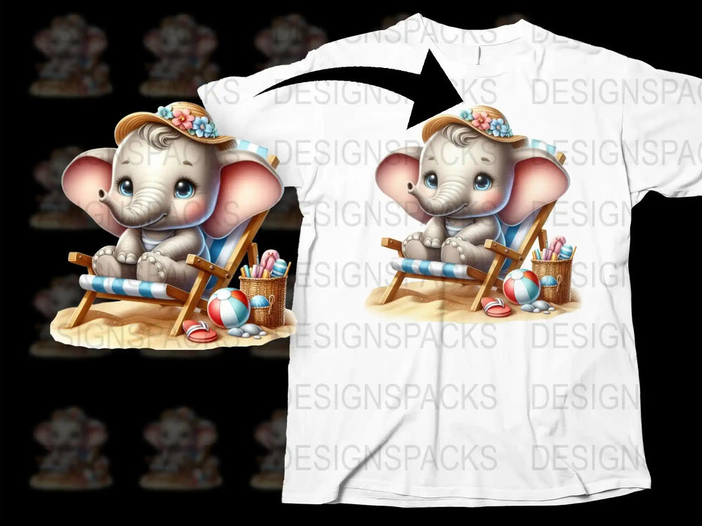Cute Elephant T-Shirt, Summer Beach Chair Graphic, Kids Animal Print Top, Colorful Design