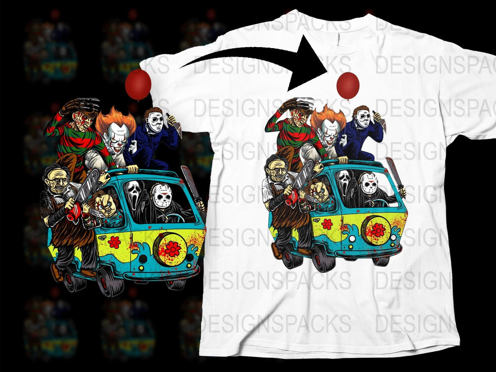Colorful Clown Car Horror T-Shirt, Scary Circus Characters Design, Unique Halloween Graphic Tee, Unisex Fashion