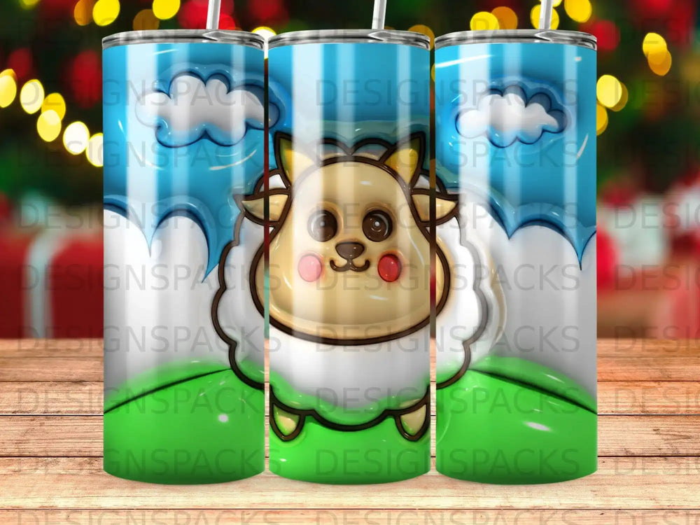 Cute cartoon sheep with large eyes on a blue and green striped background.