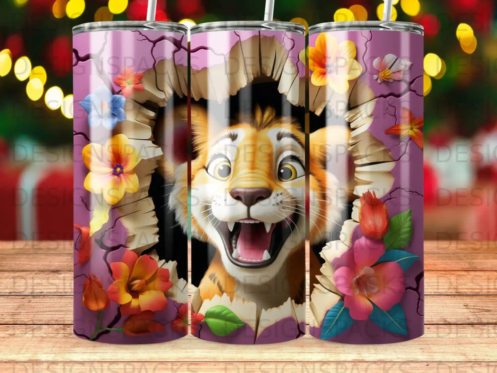 Cartoon tiger face breaking through a floral paper background.