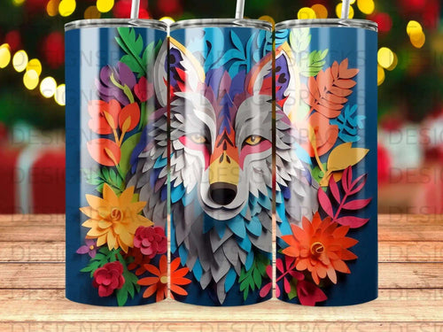 Colorful wolf illustration with floral accents on a navy blue background.