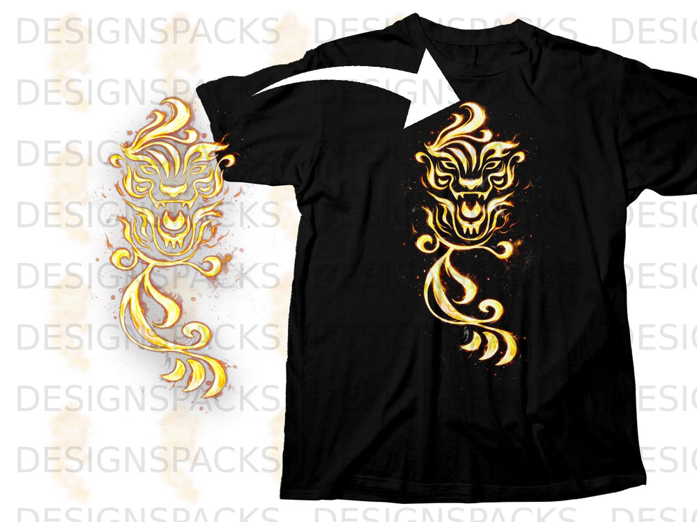 Black t-shirt with a fiery golden tiger head design.