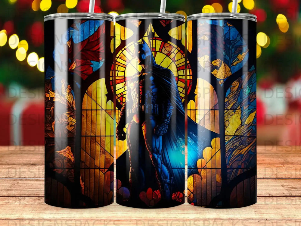 Batman in front of a stained-glass window.