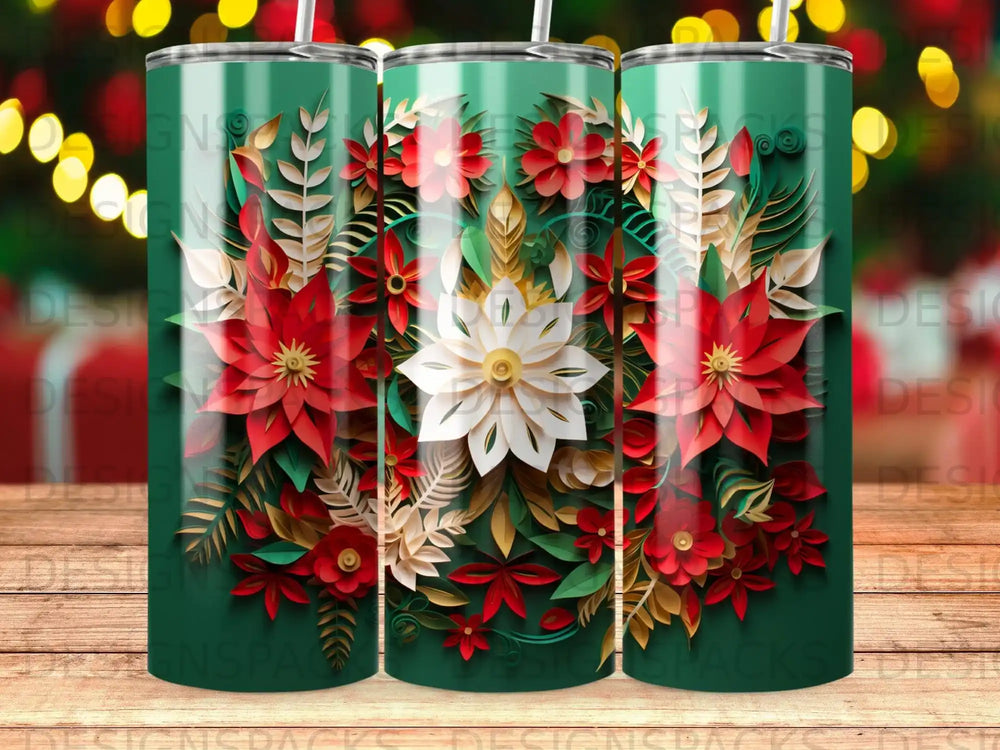 Green tumbler with a floral design featuring red poinsettias and a white flower.