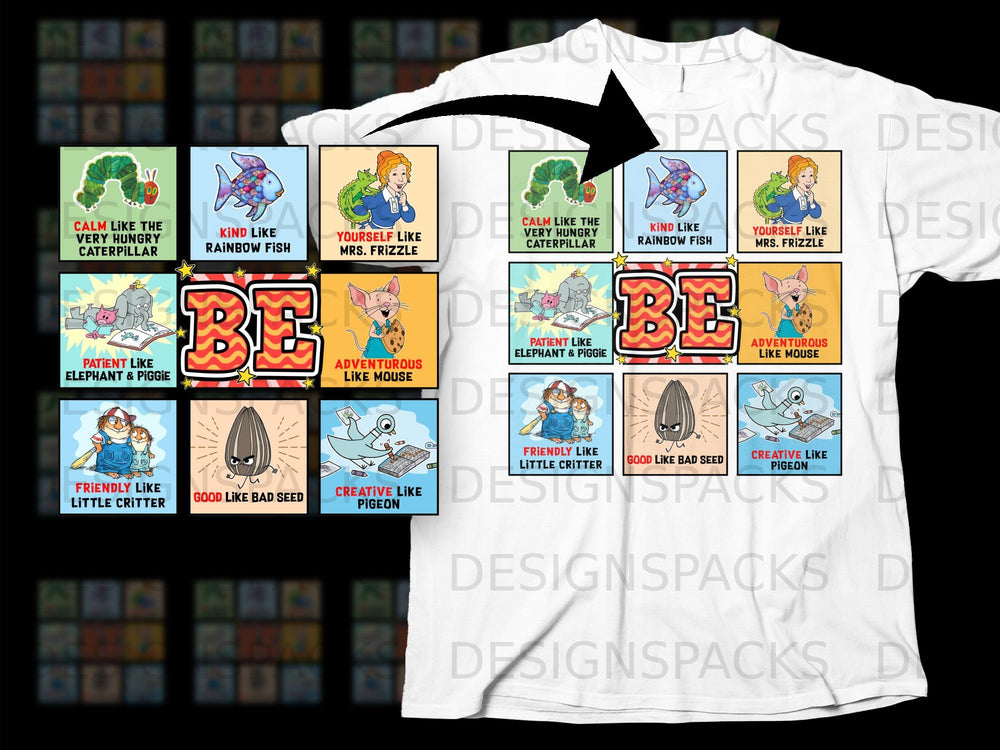 T-shirt with 12 illustrated squares featuring characters and positive traits.