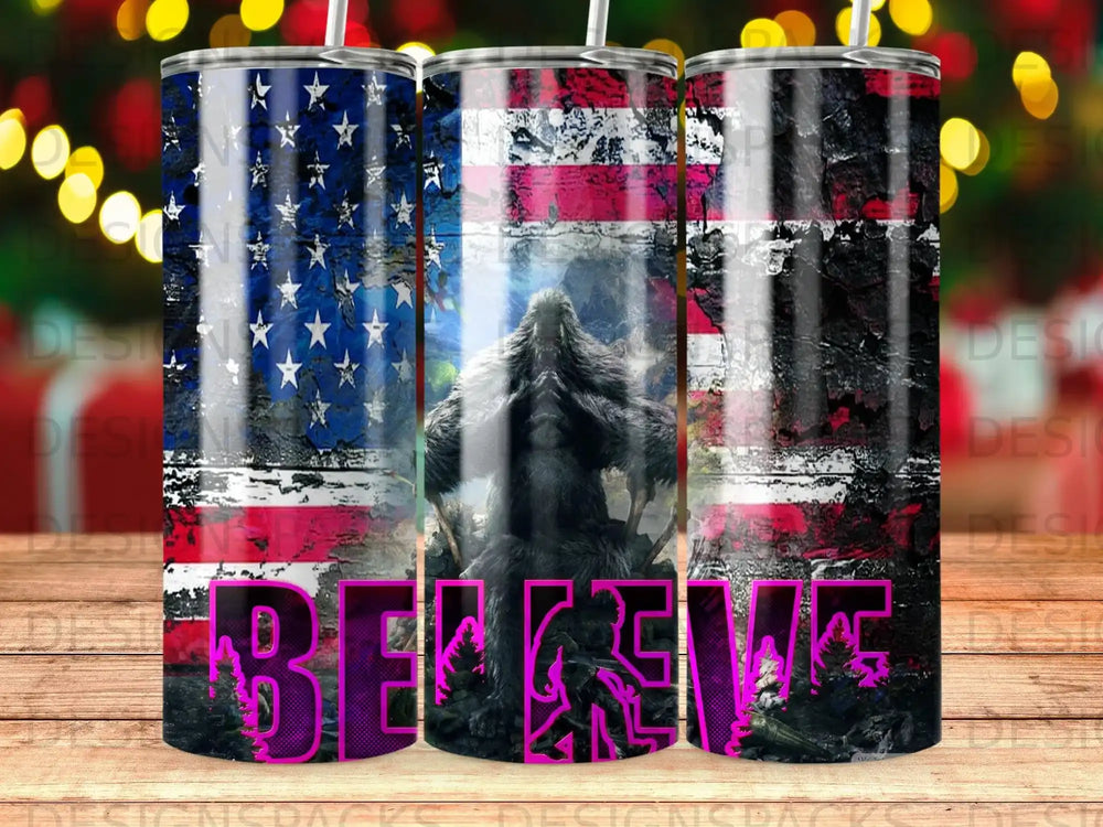 Bigfoot silhouette against American flag, with "Believe" text.