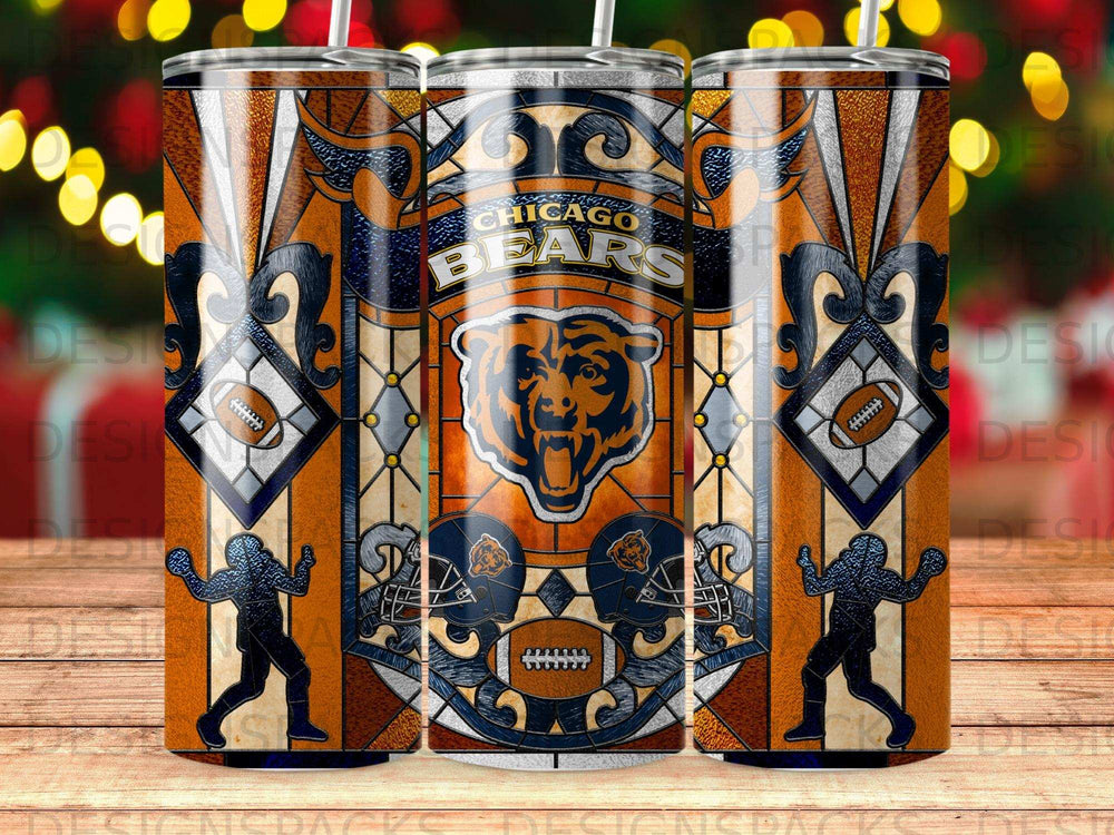 Chicago Bears tumbler with team logo, helmets, and football graphics.