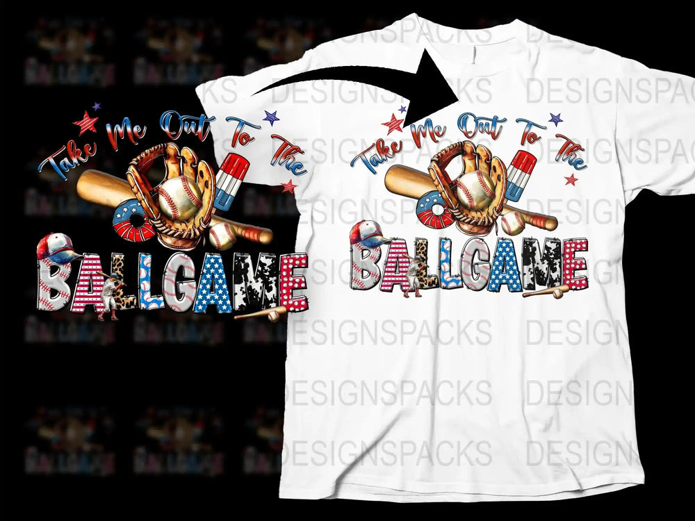 Take Me Out To The Ballgame T-Shirt, Baseball Glove and Bat Design, Patriotic Sports Tee
