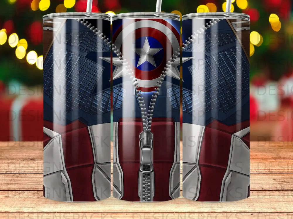 Captain America shield design with zipper detail on a tumbler.