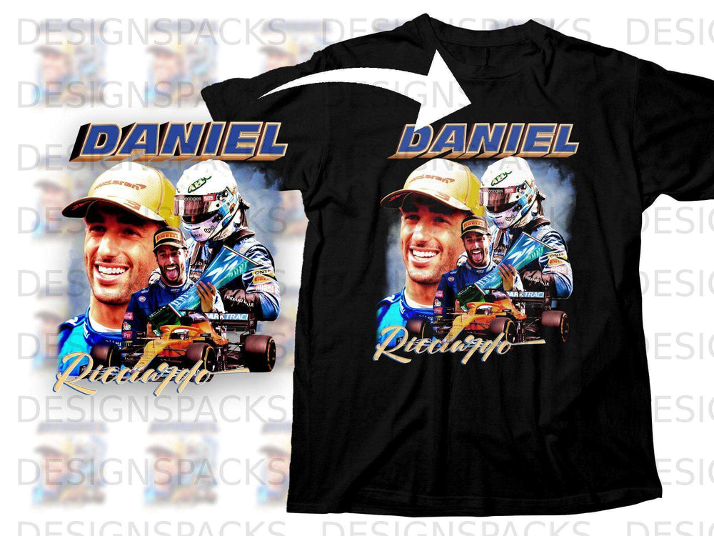 Black t-shirt with Daniel Ricciardo and Formula 1 car graphic.