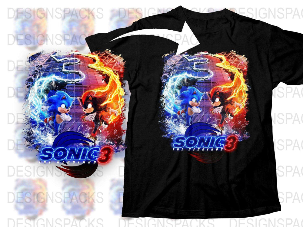Sonic 3 The Hedgehog T-Shirt, Blue Cartoon Character Graphic Tee, Fiery Design, Kids and Adult Sizes Available