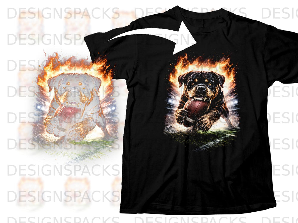 Rottweiler with football surrounded by flames on a black t-shirt.