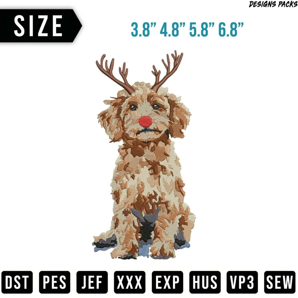 Embroidery design of a fluffy dog with reindeer antlers and red nose.