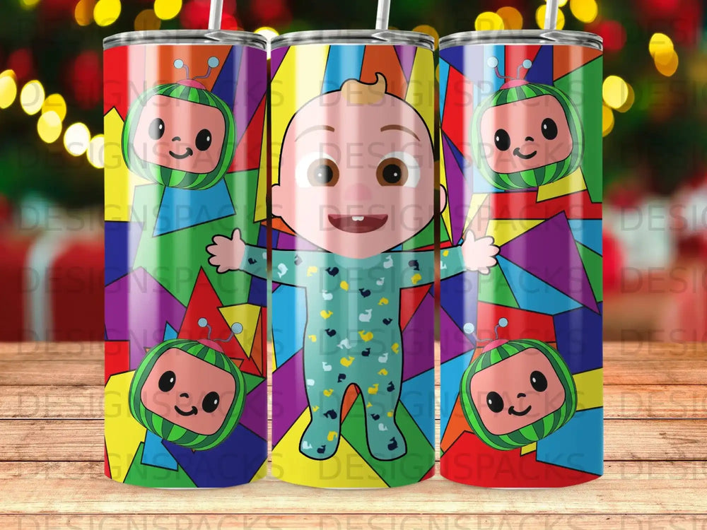 Three tumblers featuring cartoon characters from the show Cocomelon.