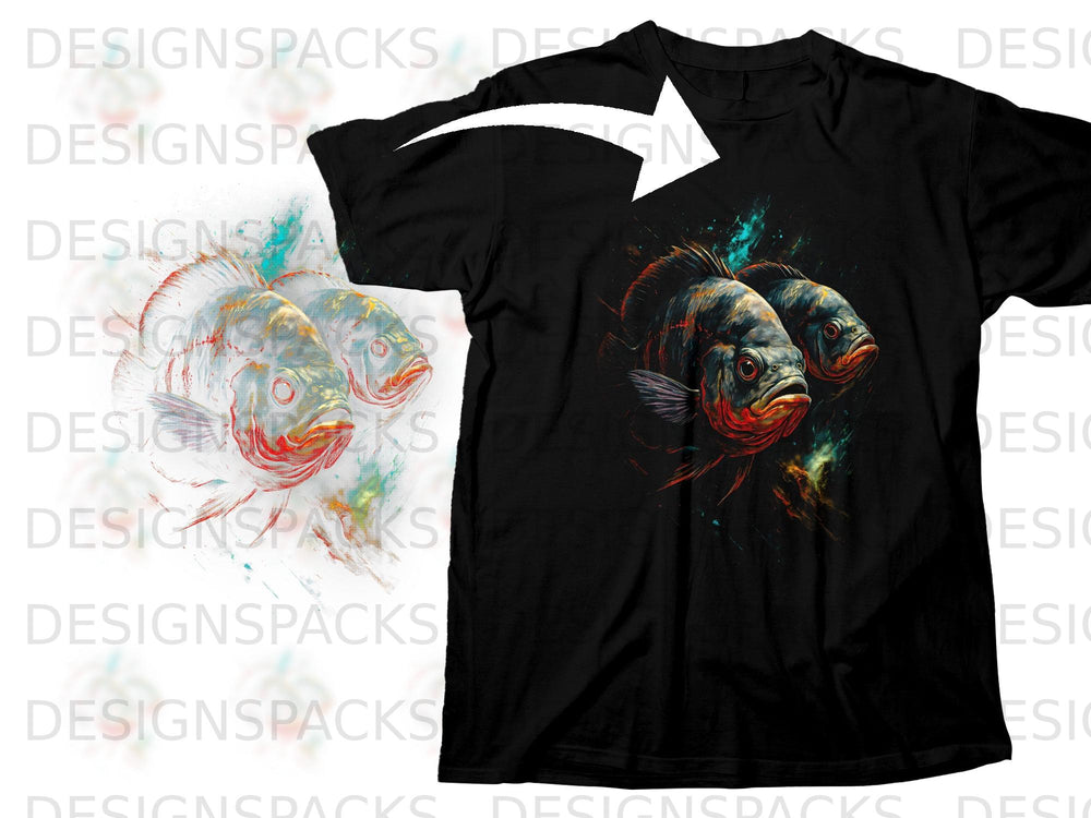 Black t-shirt with a detailed graphic of three colorful fish and abstract splashes.