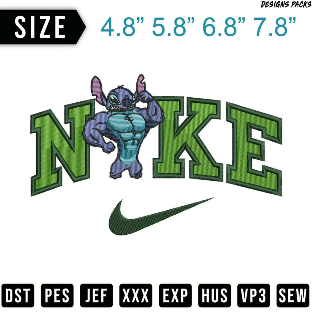 Embroidery design of Stitch in front of "NIKE" logo with size options.