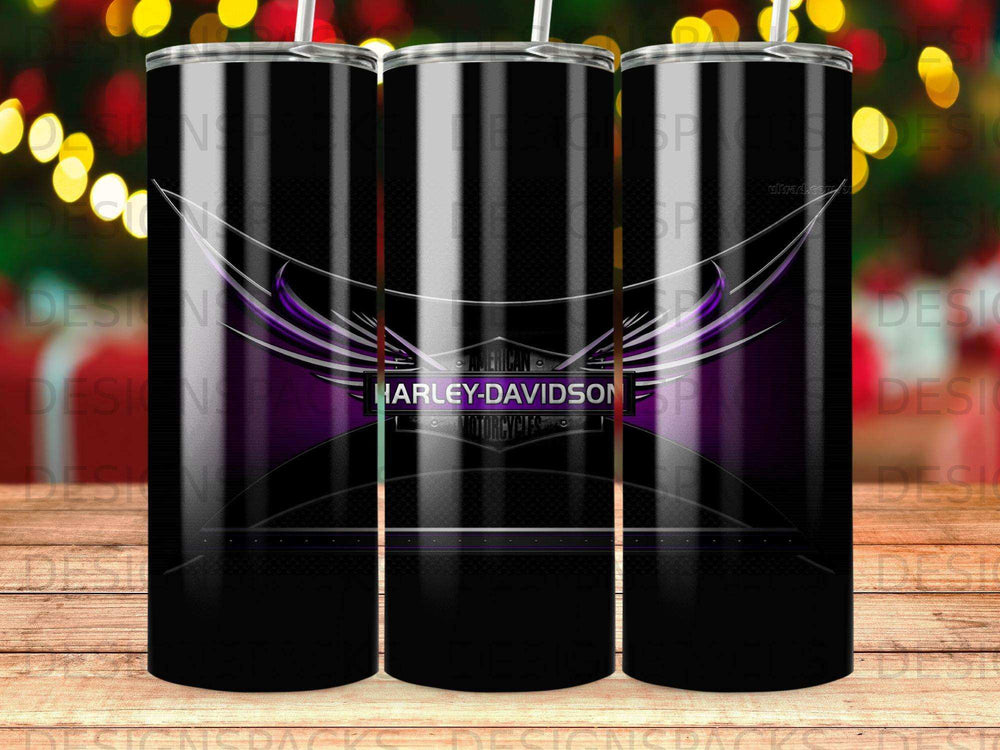 Black tumbler with purple Harley-Davidson logo and "Motorcycles" text.