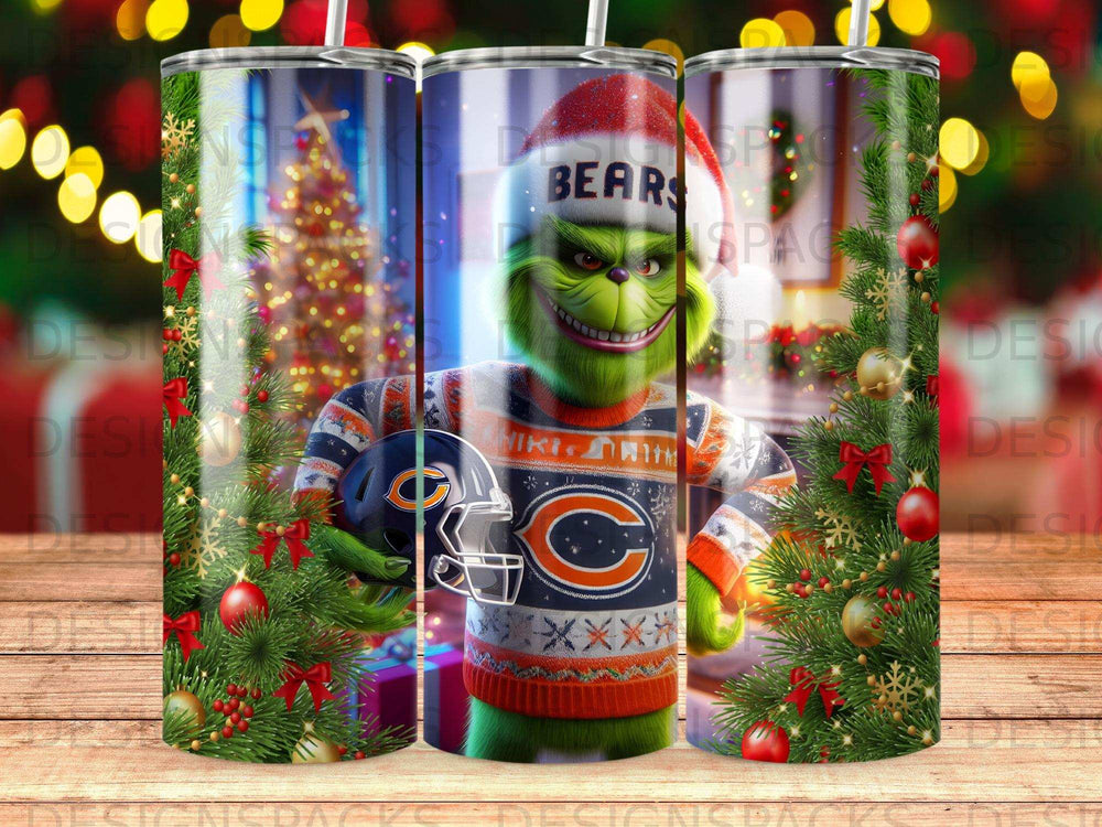Grinch wearing a Bears sweater and holding a Chicago Bears helmet, surrounded by holiday decorations.