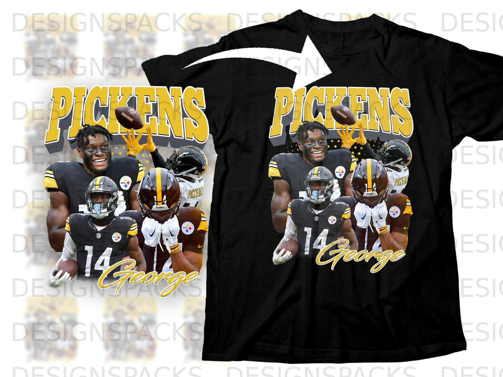 Pittsburgh Steelers player George Pickens in uniform on black t-shirt design.