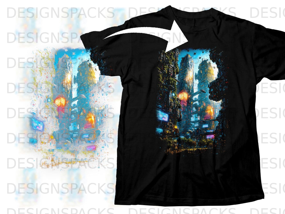 Black t-shirt with a futuristic cityscape graphic featuring tall buildings and glowing lights.