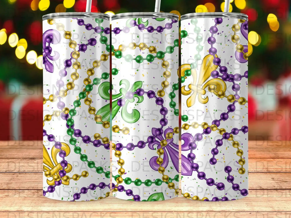 Mardi Gras Purple Gold Green Beads Fleur de Lis tumbler product type