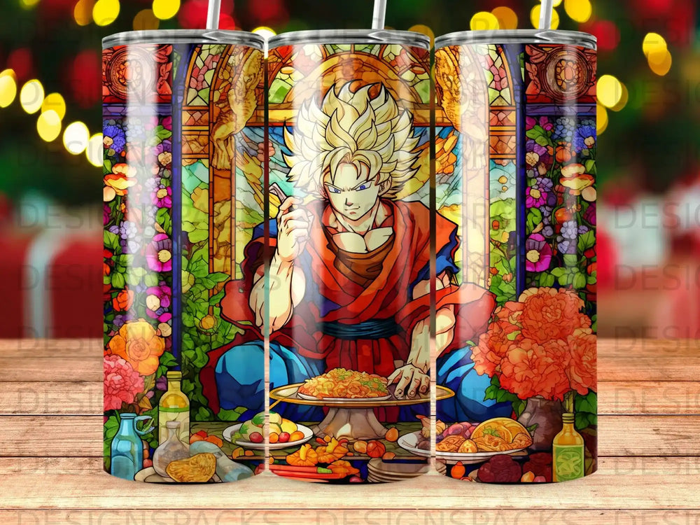 Goku from Dragon Ball Z sits eating noodles with stained glass background.