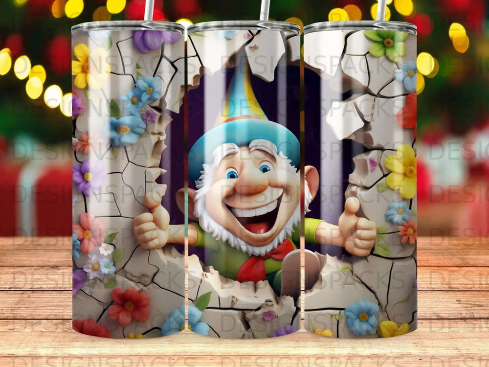 Smiling gnome with a blue hat bursts through a floral-patterned wall.