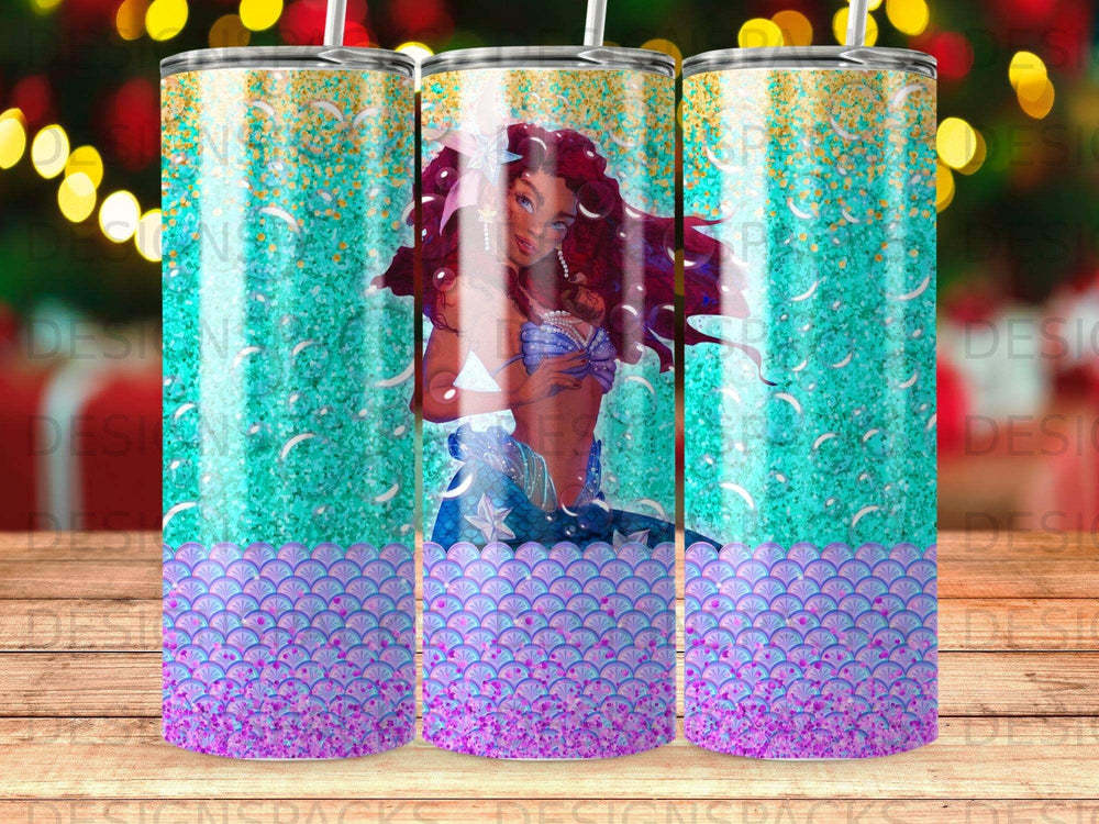 Mermaid with glittering scales and blue tail, against a sparkly blue and purple background.