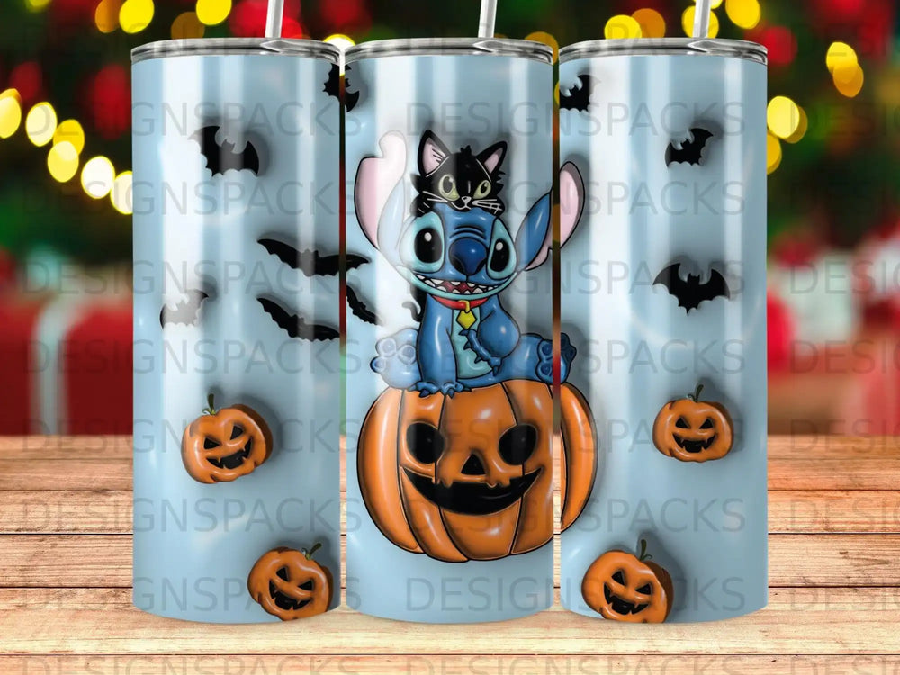 Stitch sitting on a pumpkin, surrounded by ghost designs.
