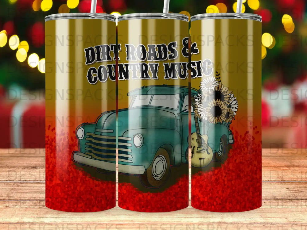 Vintage truck with sunflowers and guitar, "Dirt Roads & Country Music" text.