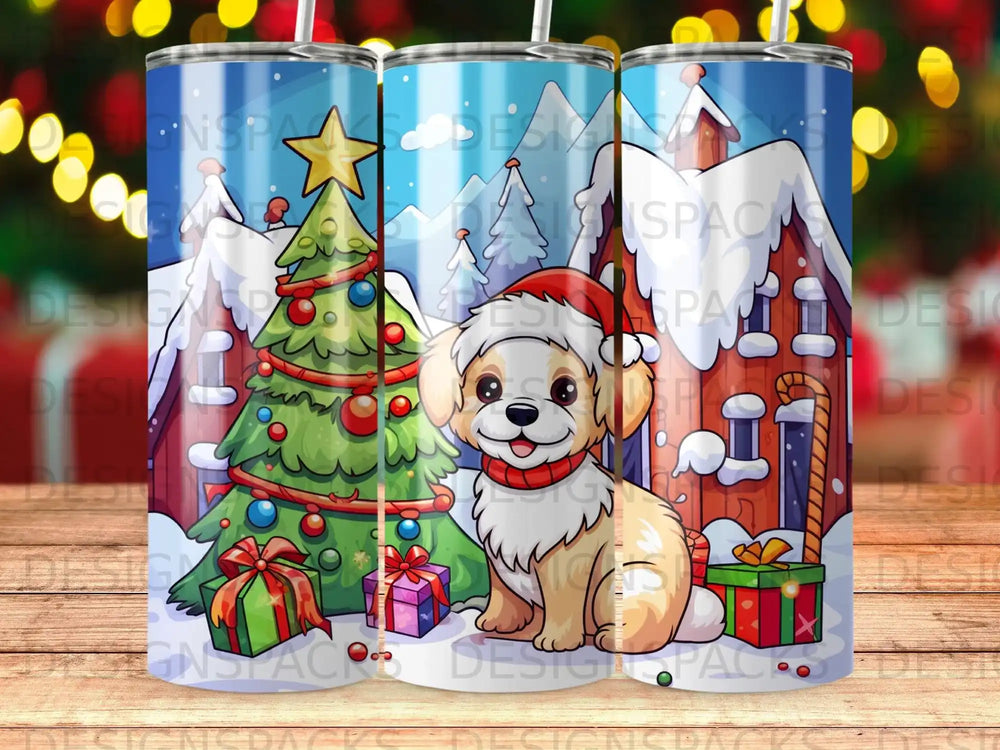 Cartoon puppy in Santa hat sits by Christmas tree with presents.