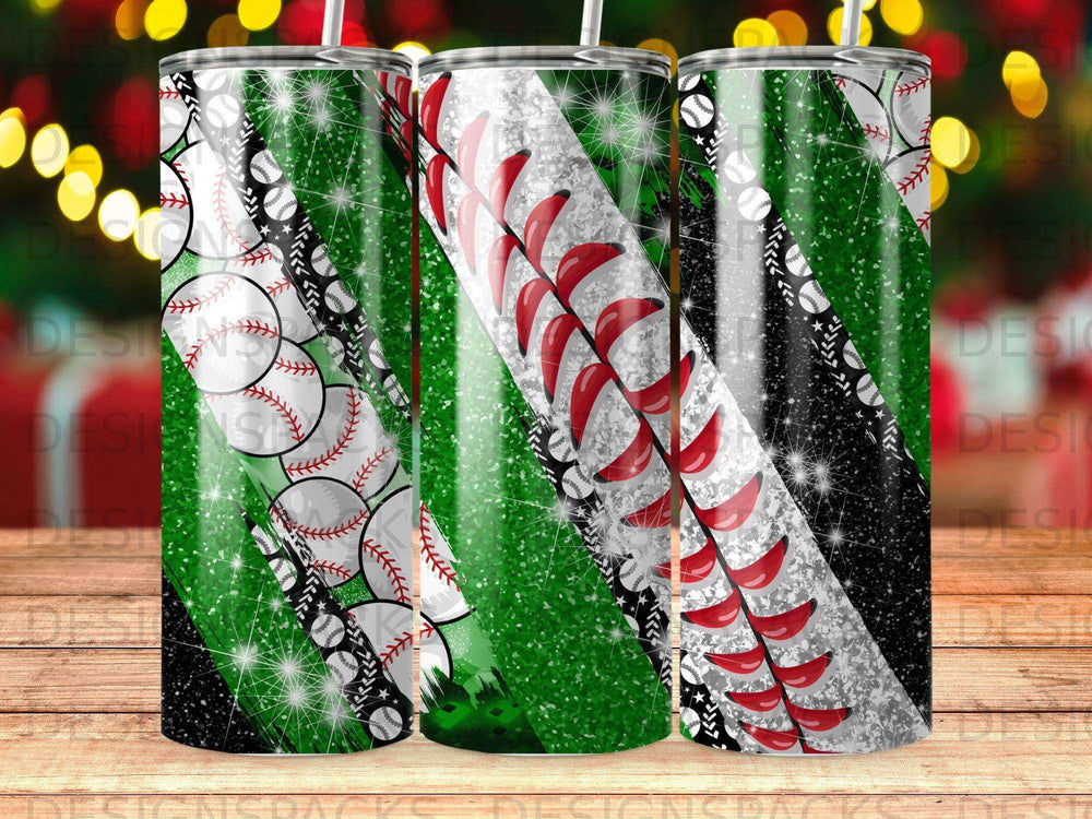 Glittering baseball and stitch pattern on a skinny tumbler.