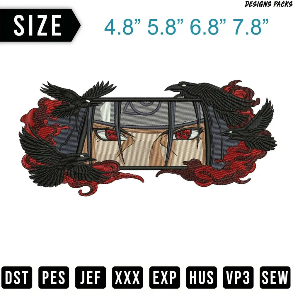 Naruto character Itachi with crows and red clouds, sizes listed.
