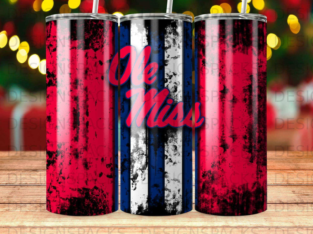 Three tumblers with a red, white, and blue Ole Miss design.
