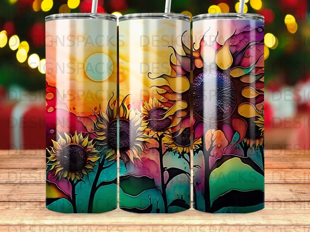 Three tumblers with vibrant sunflower designs against a colorful sunset background.