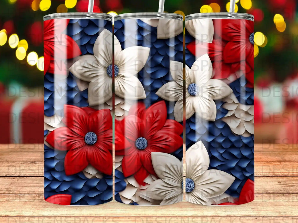 Red and white floral pattern with blue scale background on tumbler.