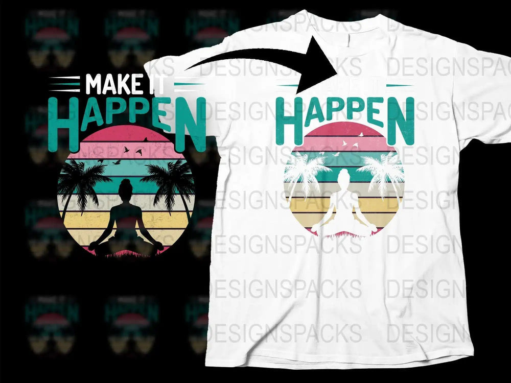 Make It Happen Tropical Sunset Graphic T-Shirt, Men's White Tee with Palm Trees and Hammock Design