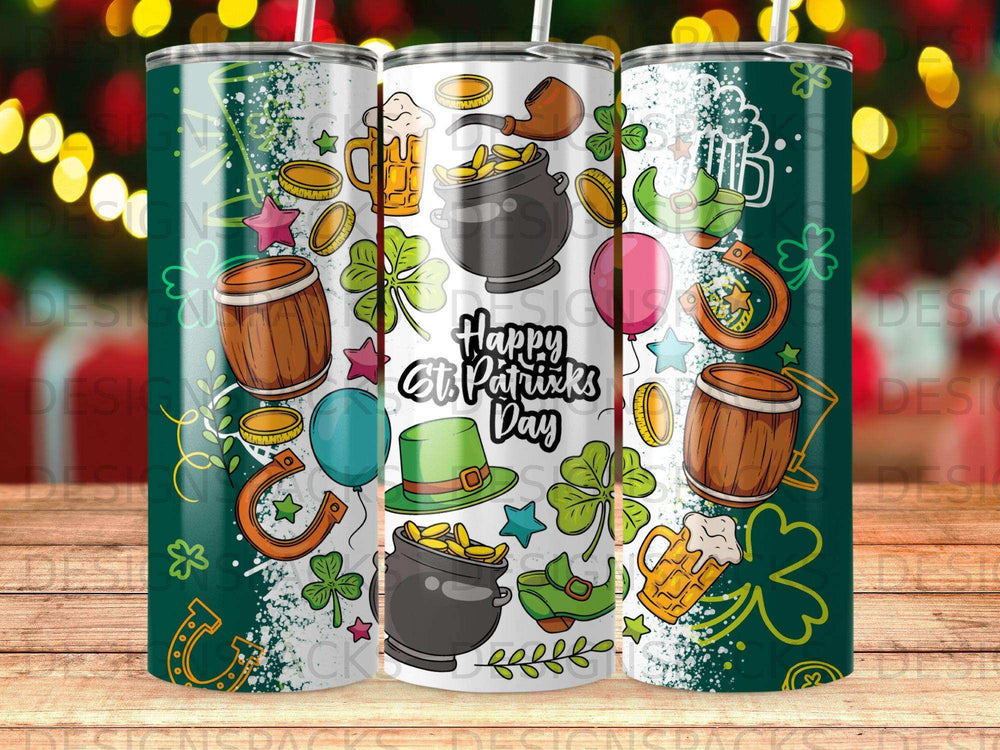 Three tumblers with St. Patrick's Day icons and text.
