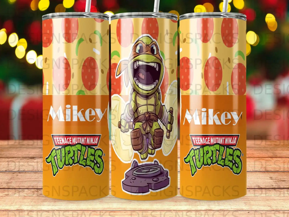 Teenage Mutant Ninja Turtle Mikey design on three tumblers with pizza slice background.