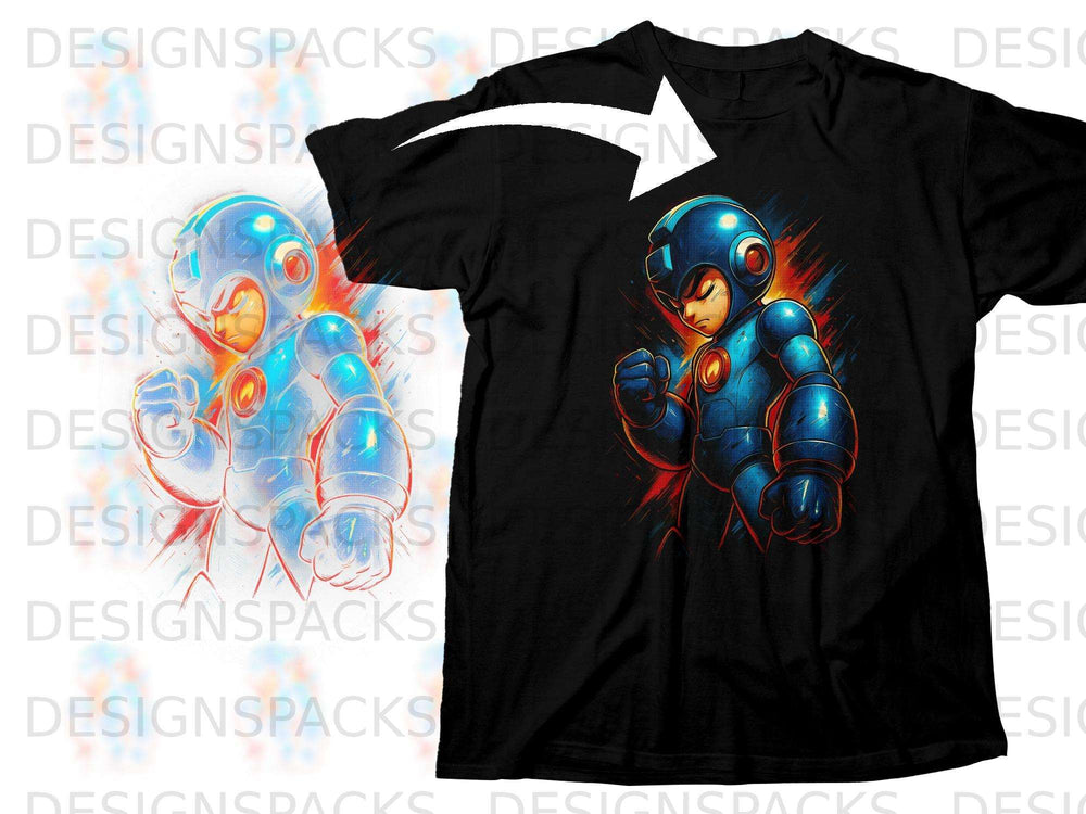 Black t-shirt featuring a dynamic illustration of the video game character Mega Man.