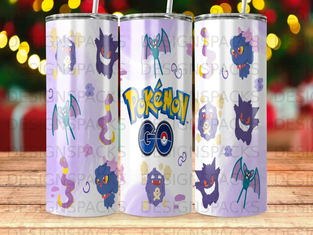 Pokemon Go tumbler featuring Pikachu, Gengar, and Charmander characters.