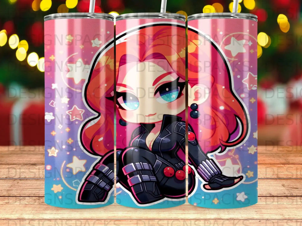 Chibi Black Widow illustration with stars and colorful background.