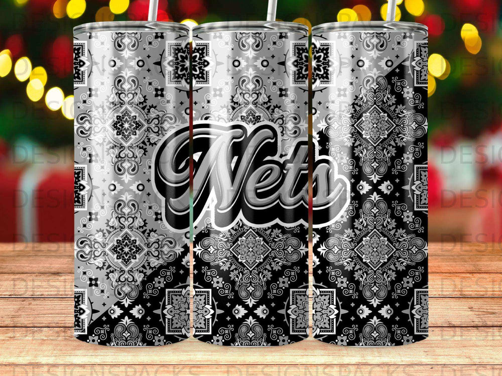 Black and white bandana pattern tumbler with "Nets" logo.