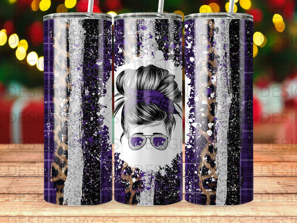 Purple and black striped tumbler with messy bun girl and leopard print.